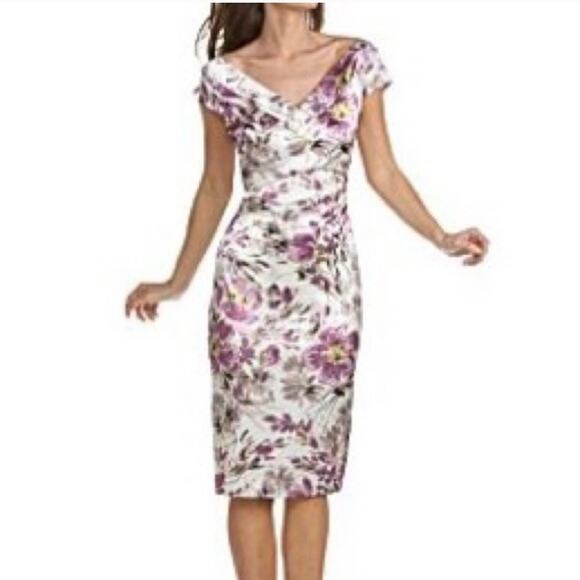 NEW LONDON STYLE NIGHTS Cap Sleeve V Neck Satin Purple Floral Midi Dress Size 12 - Picture 1 of 10
